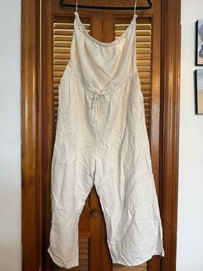 Express Cream Linen-Blend Wide-Leg Jumpsuit with Drawstring